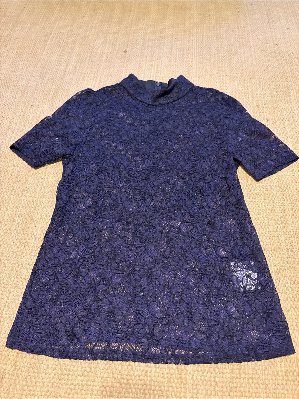 Navy Lace Mock-Neck Short Sleeve Blouse